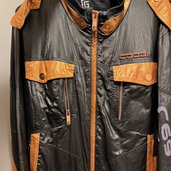 COOGI Black Jacket with Brown Leather Like-Trim - Picture 2 of 5